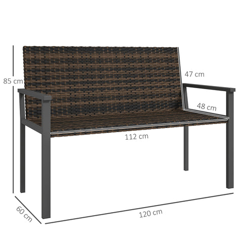 Brown woven rattan two-seater garden bench with dark gray steel frame and armrests for outdoor use