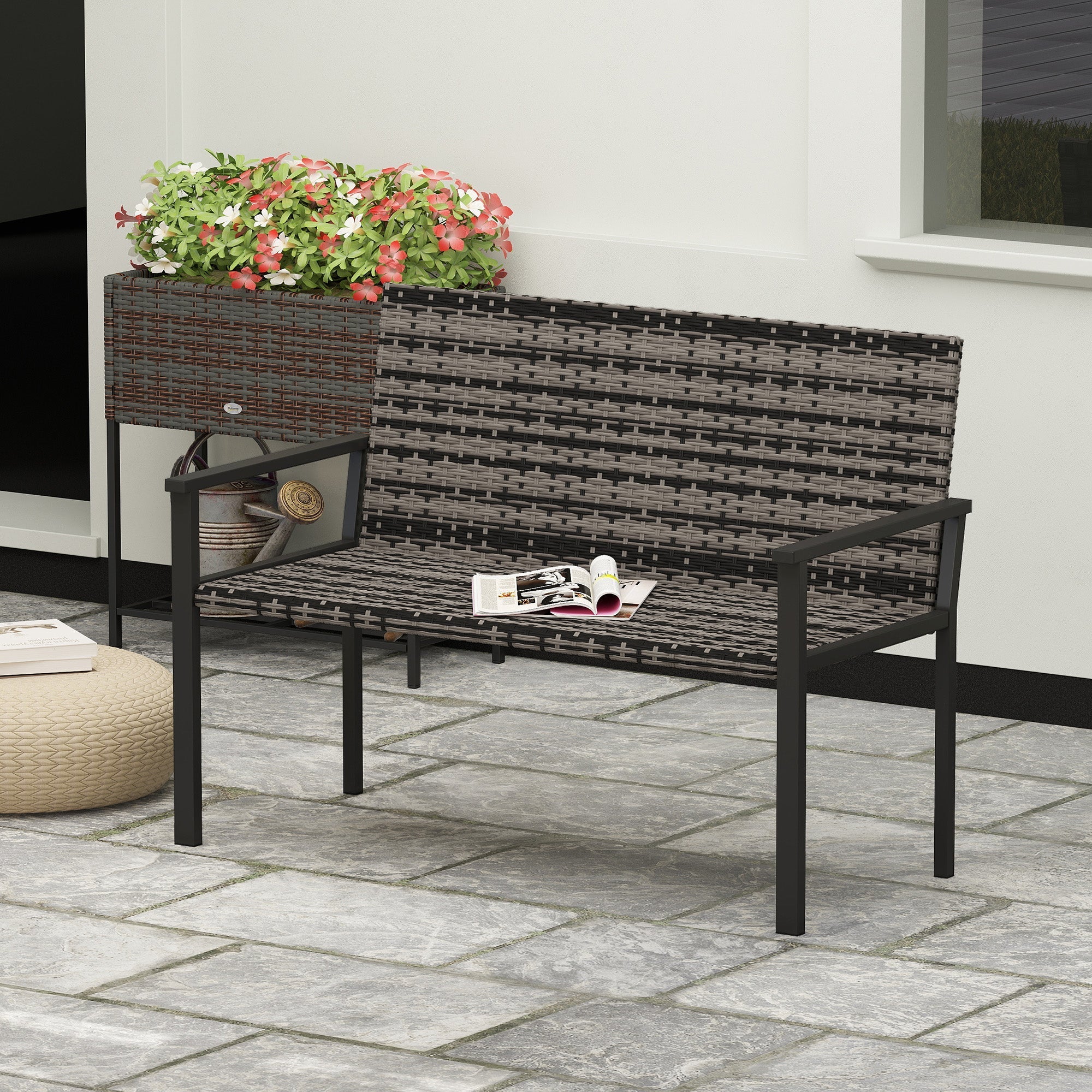 Outsunny two-seater garden bench with steel frame and dark brown gray woven wicker for outdoor patio use