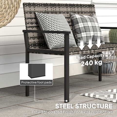 Black steel frame two-seater garden bench with woven wicker seat and patterned throw pillows for outdoor use
