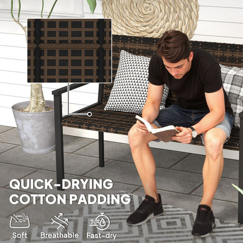 Brown woven wicker two-seater garden bench with black steel frame and quick-drying cotton padding for outdoor use