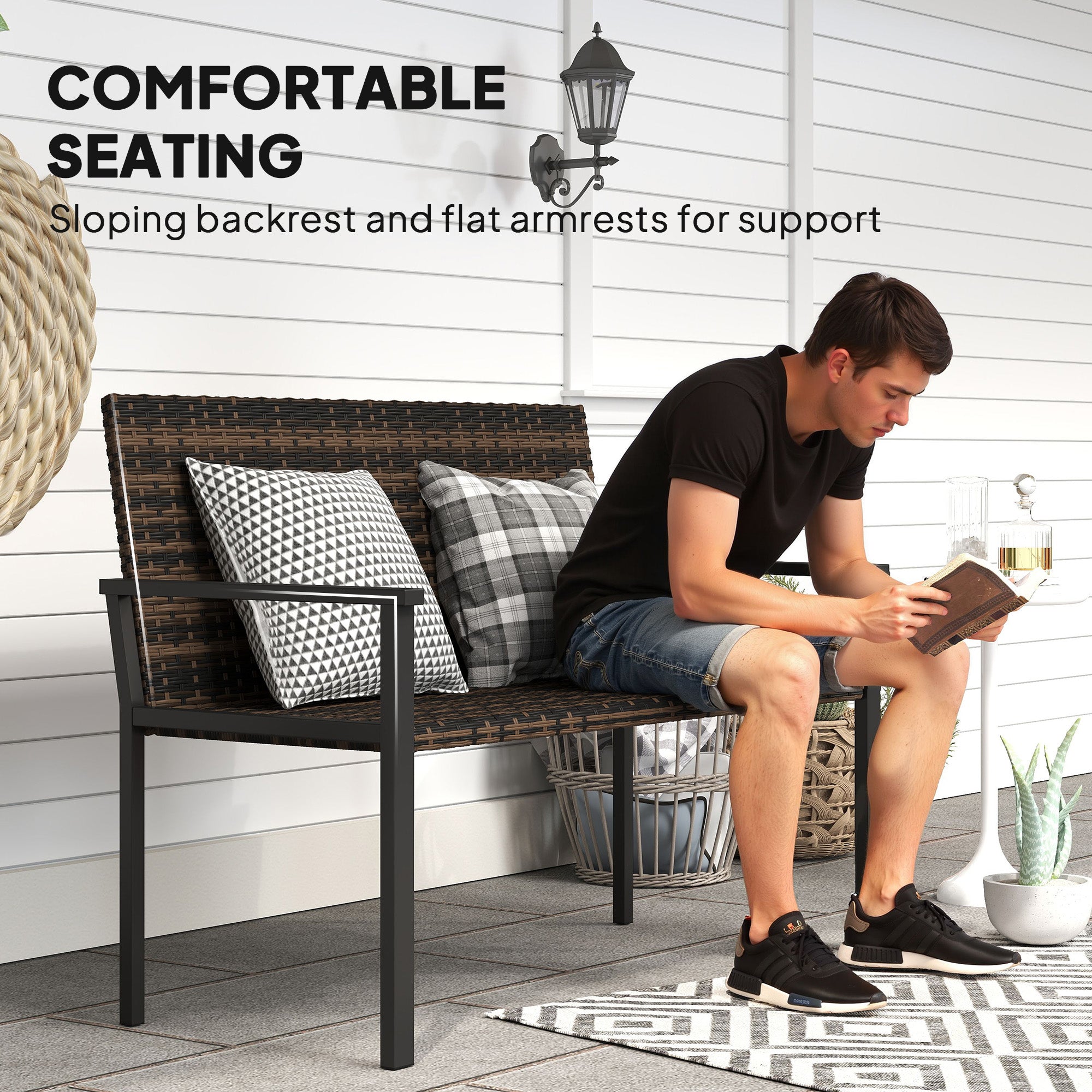 Black wicker two-seater garden bench with steel frame and quick-drying cotton padding for outdoor use