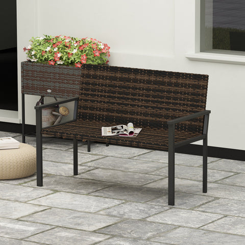 Brown woven wicker two-seater garden bench with black steel frame and armrests for outdoor patio use