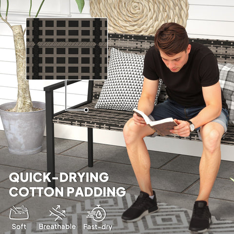 Black woven two-seater garden bench with steel frame and quick-drying cotton padding for outdoor use