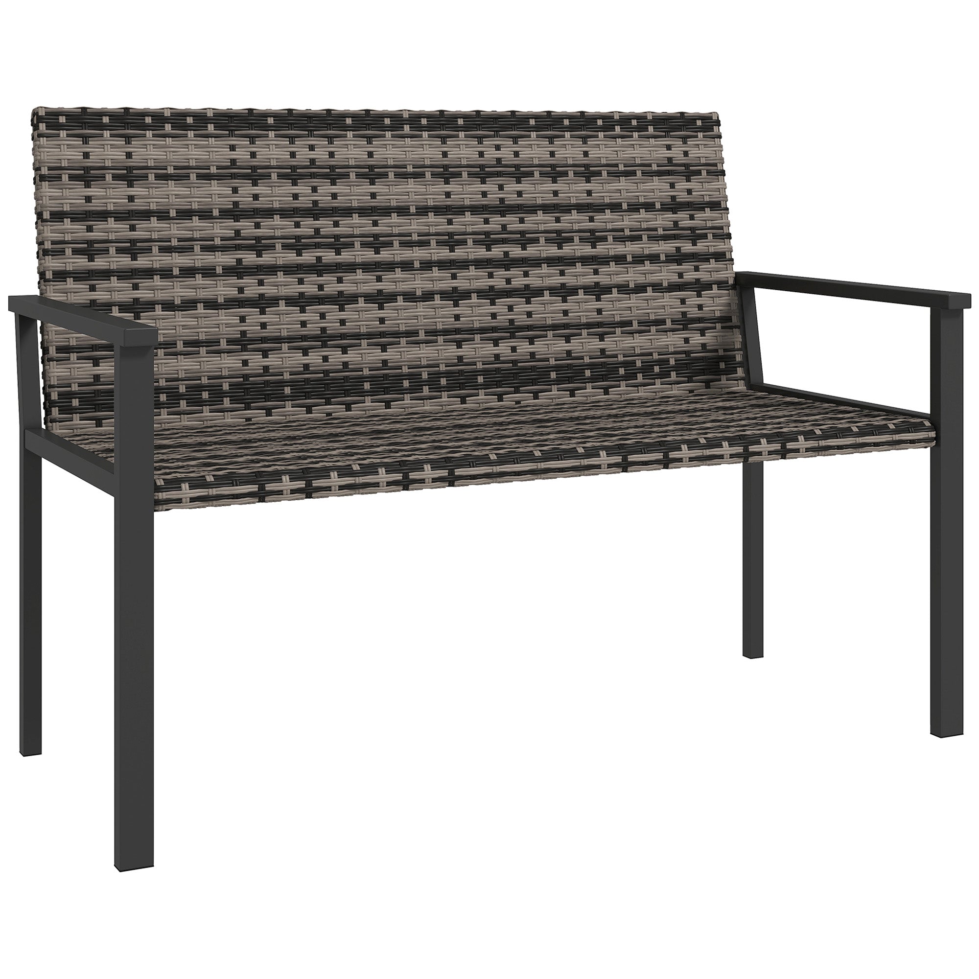Dark gray woven wicker two-seater garden bench with steel frame and armrests for patio and park use
