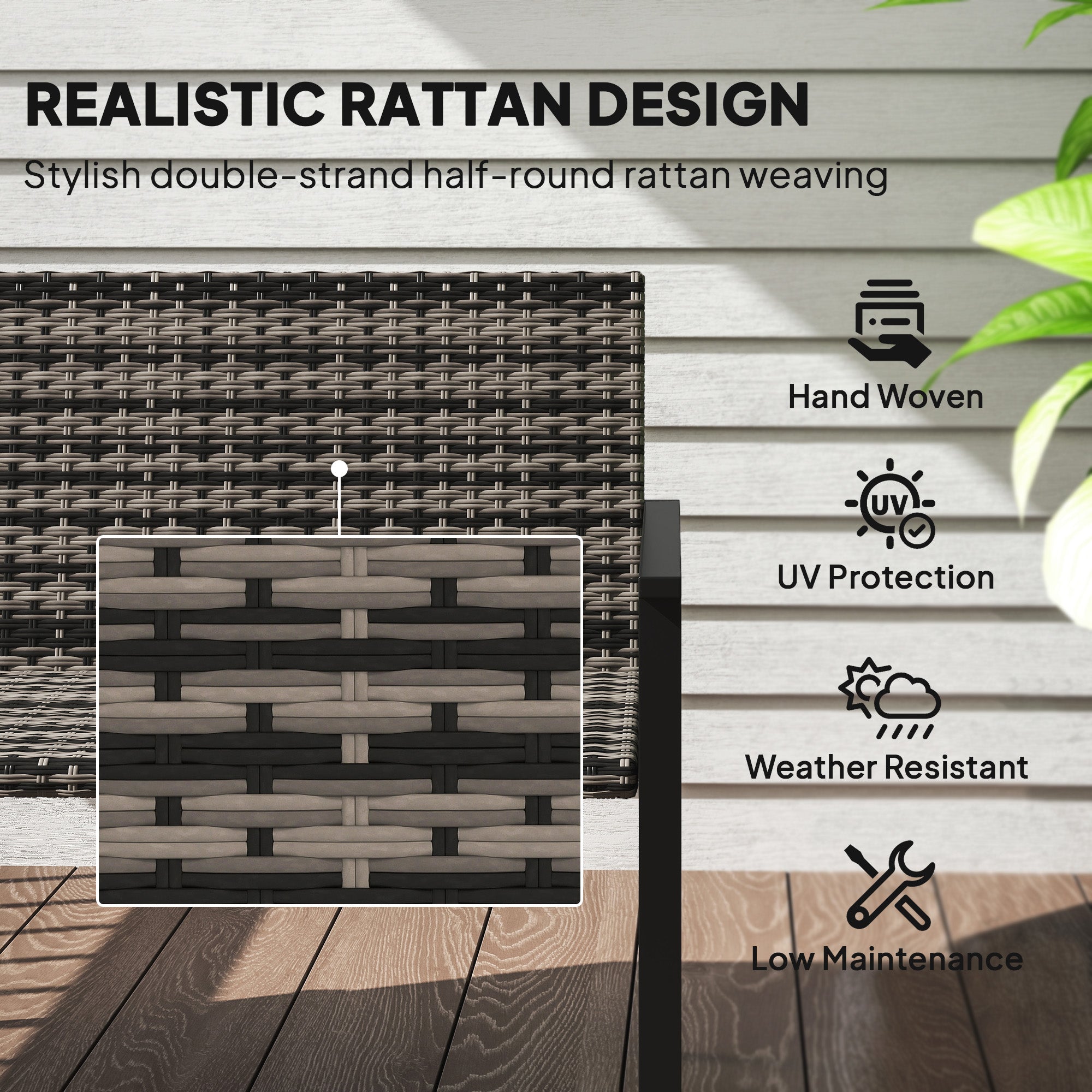 Outsunny two-seater garden bench with black and gray woven rattan and steel frame for patio use