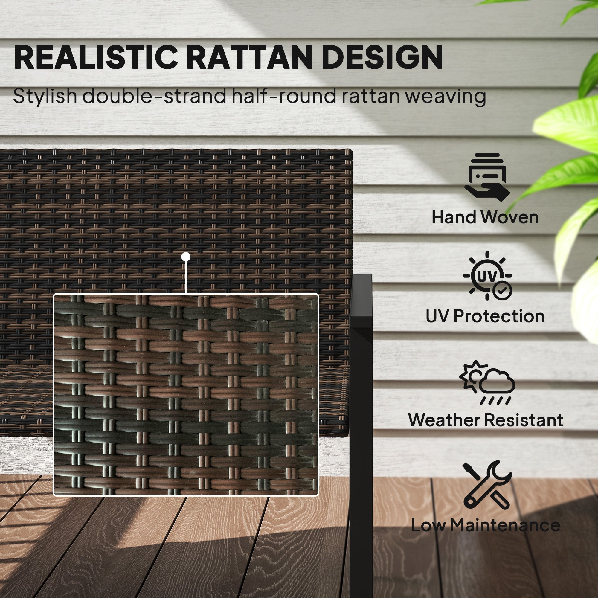 Dark brown hand-woven rattan two-seater garden bench with steel frame and quick-drying cotton padding for outdoors