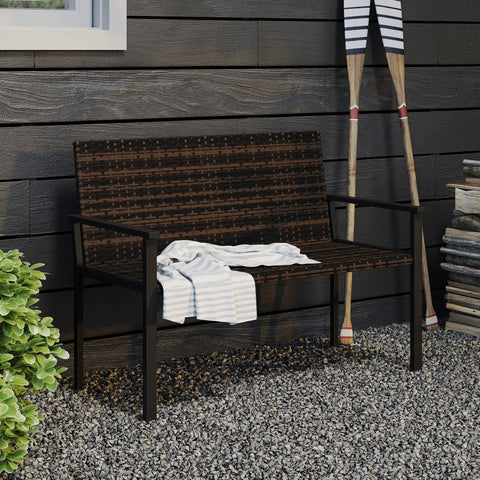 Dark brown woven wicker two-seater garden bench with steel frame and quick-drying cotton padding for outdoor use