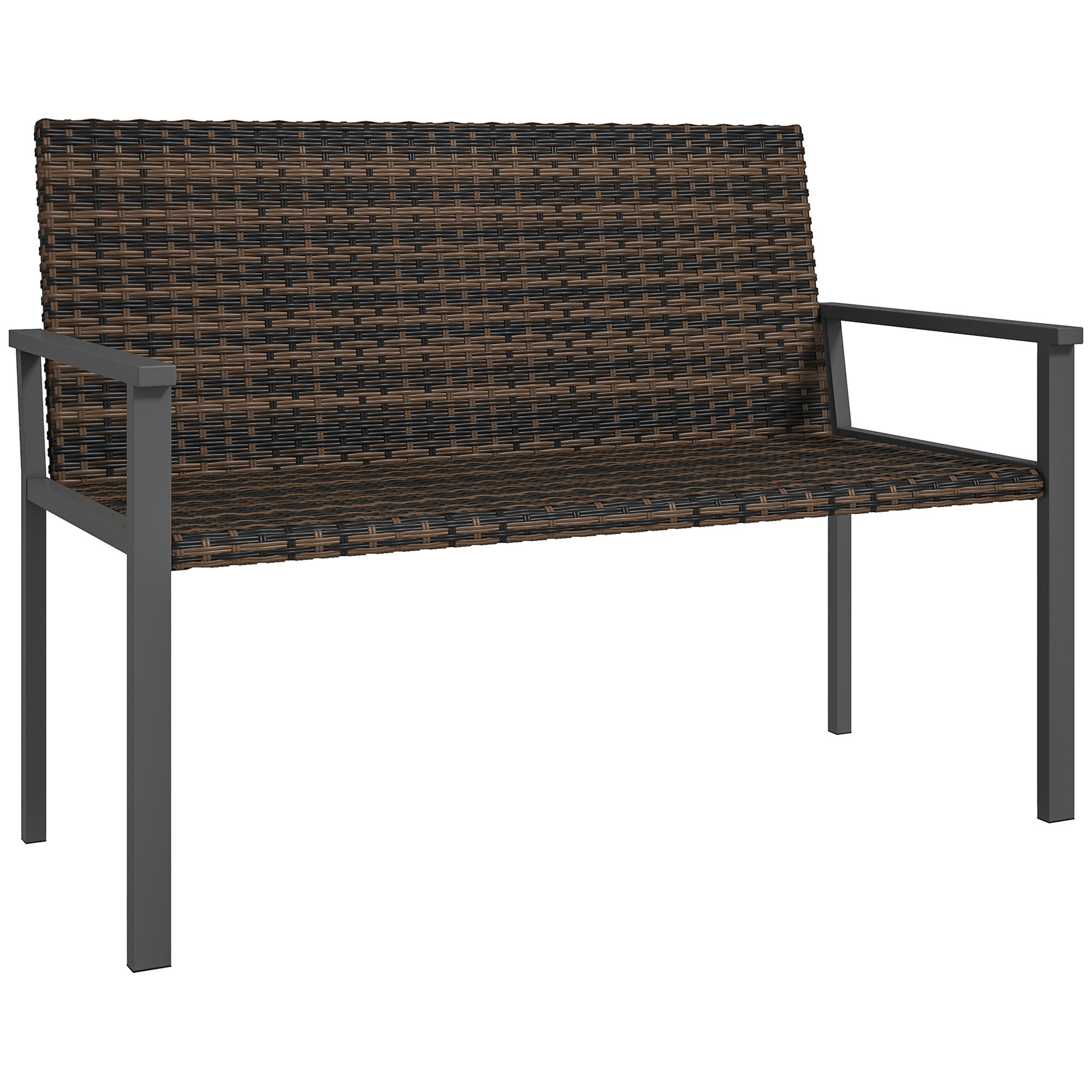 Dark brown woven wicker two-seater garden bench with sturdy gray steel frame and quick-drying cotton padding
