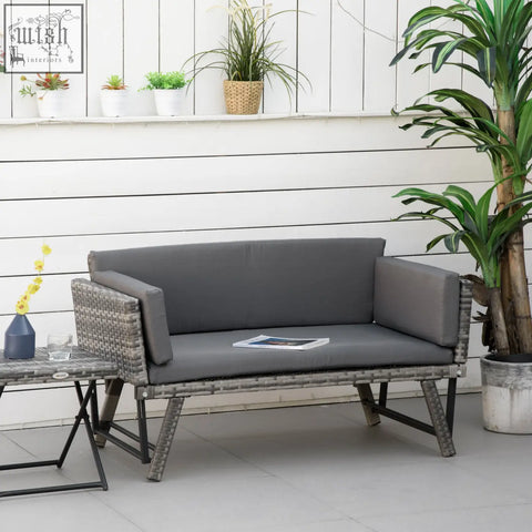 Gray woven wicker rattan sofa with mixed grey cushions featuring 2-in-1 design for outdoor patio use