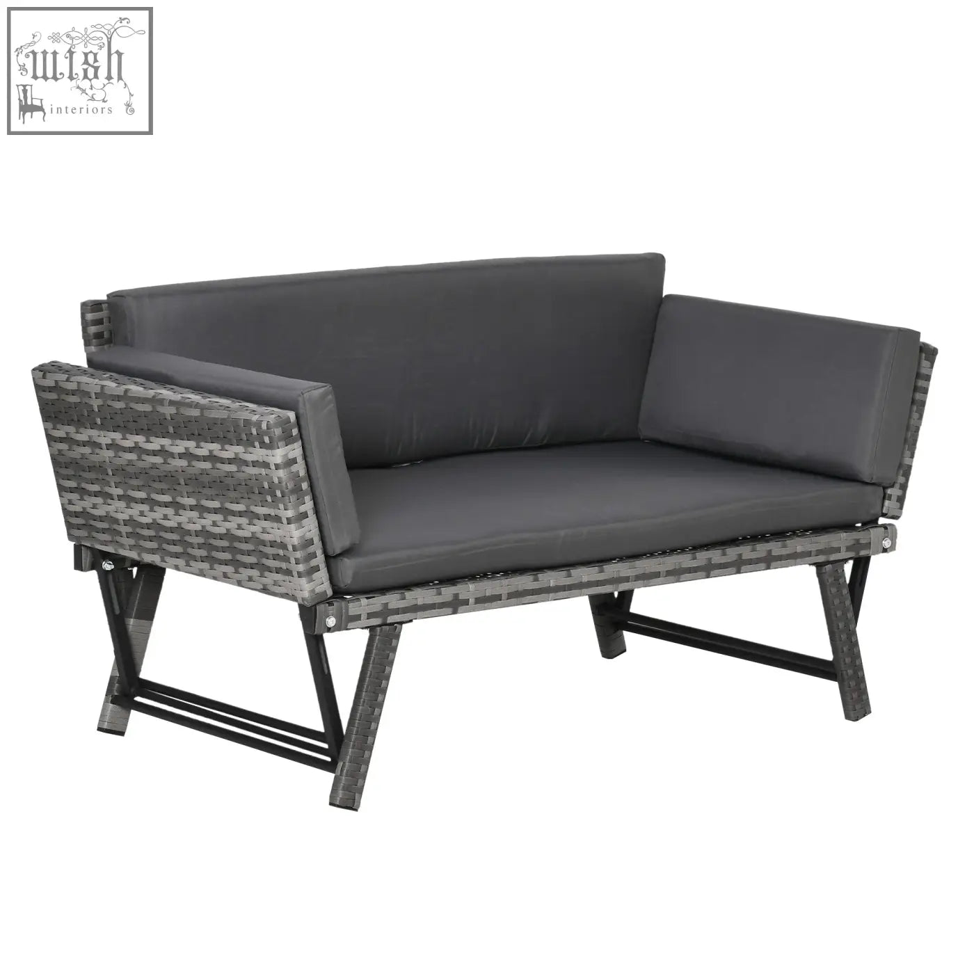 Gray wicker 2-in-1 design rattan sofa with black metal frame and mixed grey cushions perfect for outdoor patio use