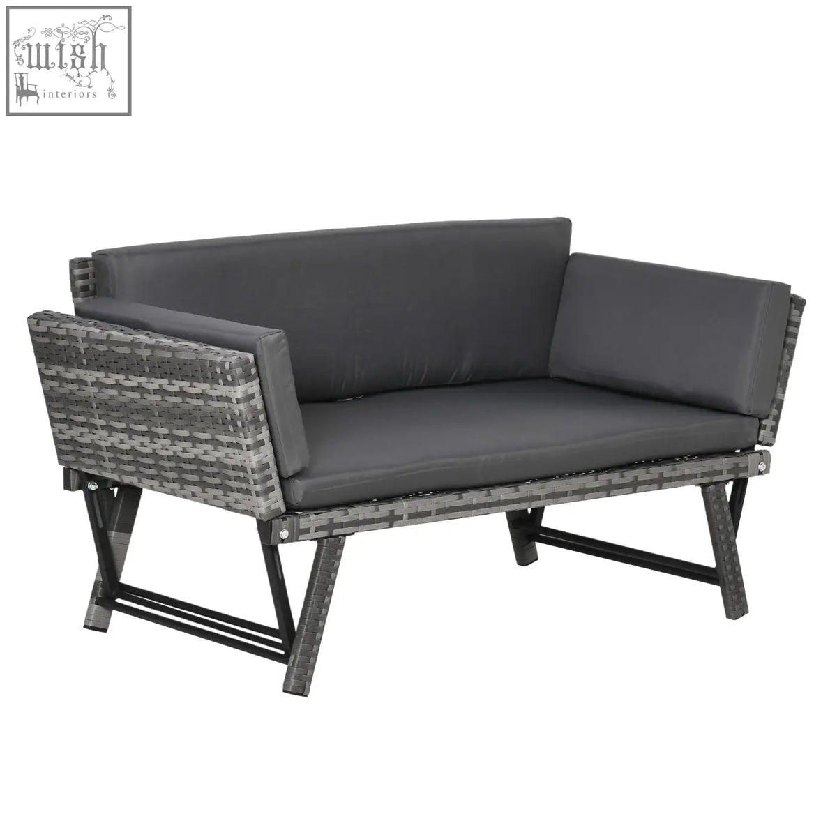 Gray wicker 2-in-1 design rattan sofa with black metal frame and mixed grey cushions perfect for outdoor patio use