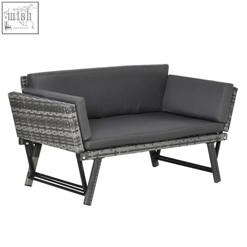 Gray wicker 2-in-1 design rattan sofa with black metal frame and mixed grey cushions perfect for outdoor patio use