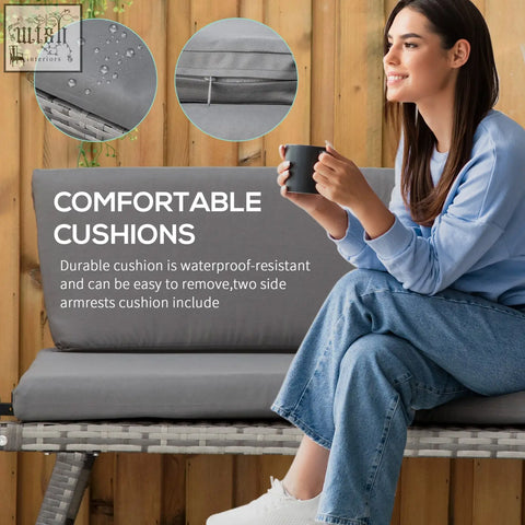 Gray waterproof outdoor cushion with zipper on mixed grey 2-in-1 design rattan sofa with woven wicker frame