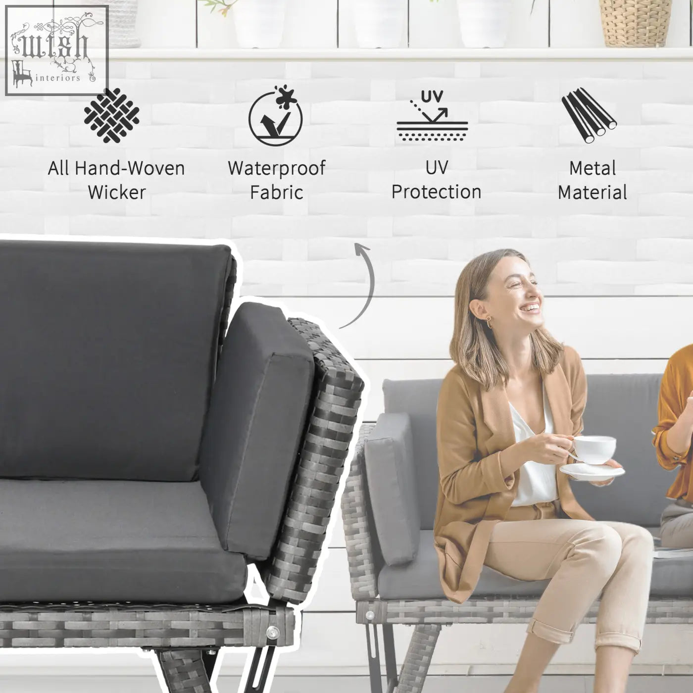 Black cushioned outsunny 2-in-1 mixed grey rattan sofa with hand-woven wicker frame for outdoor patio use
