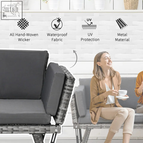 Black cushioned outsunny 2-in-1 mixed grey rattan sofa with hand-woven wicker frame for outdoor patio use