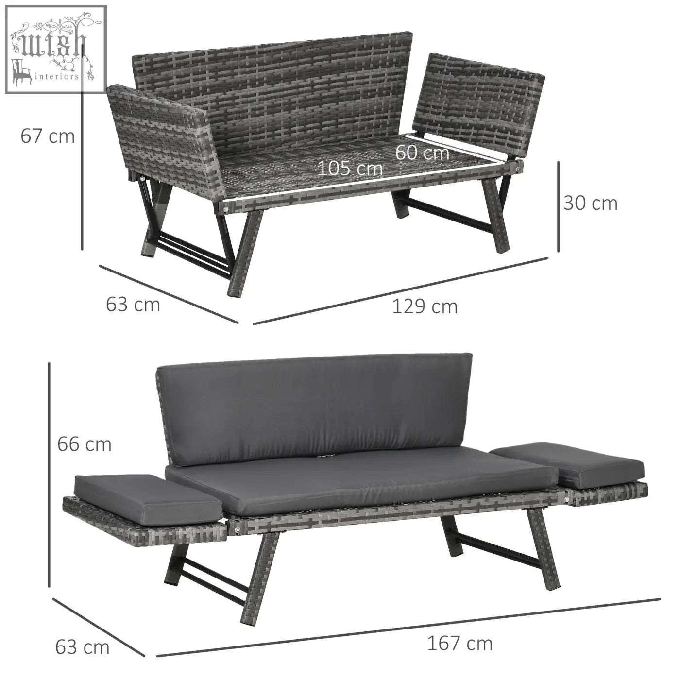 Gray woven mixed grey rattan sofa with dark gray cushions featuring 2-in-1 design for outdoor patio use