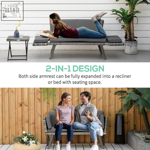 Gray woven mixed grey rattan sofa with 2-in-1 design and adjustable armrests perfect for outdoor lounging
