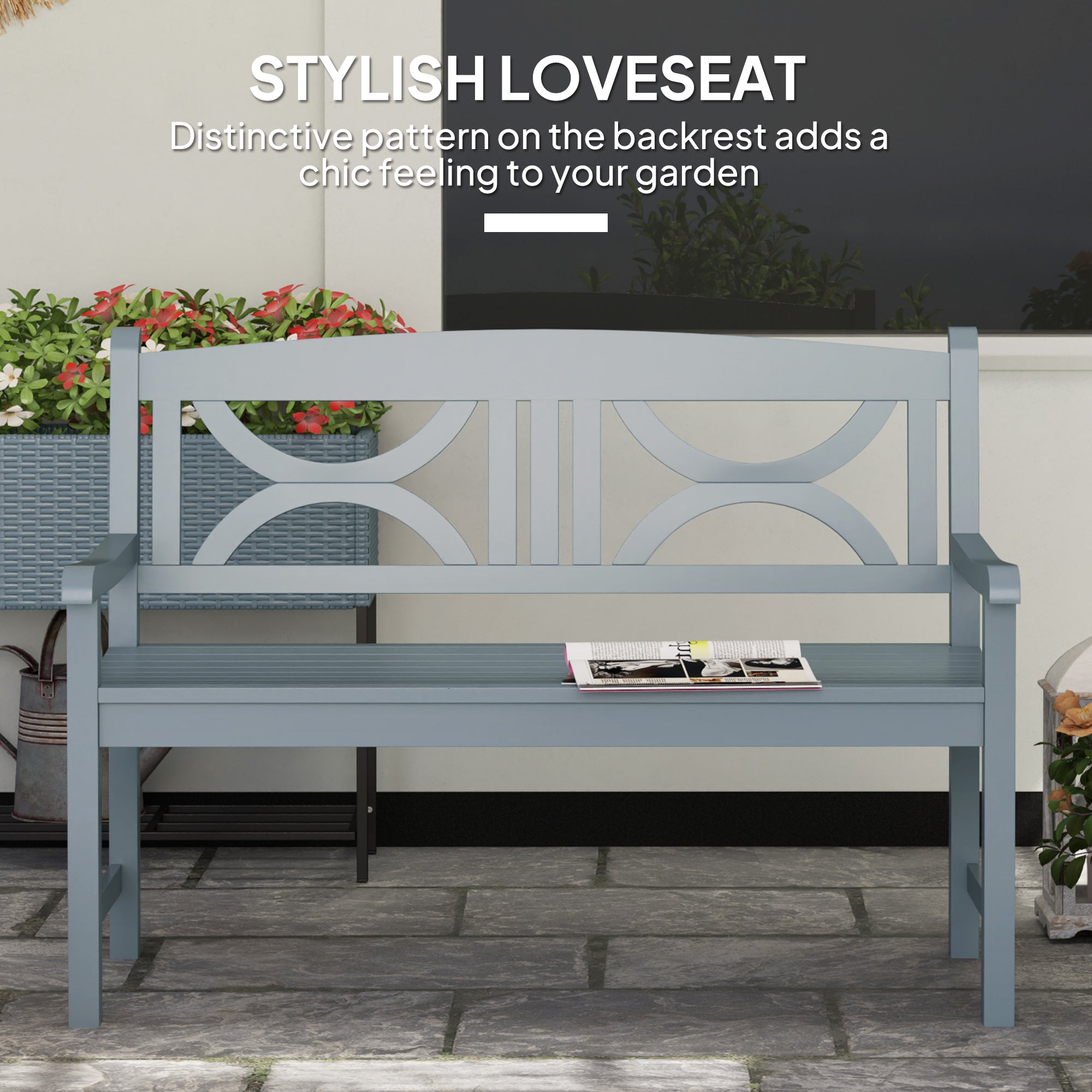 Outsunny 2-seater garden bench outdoor patio loveseat in light blue poplar wood with geometric backrest pattern