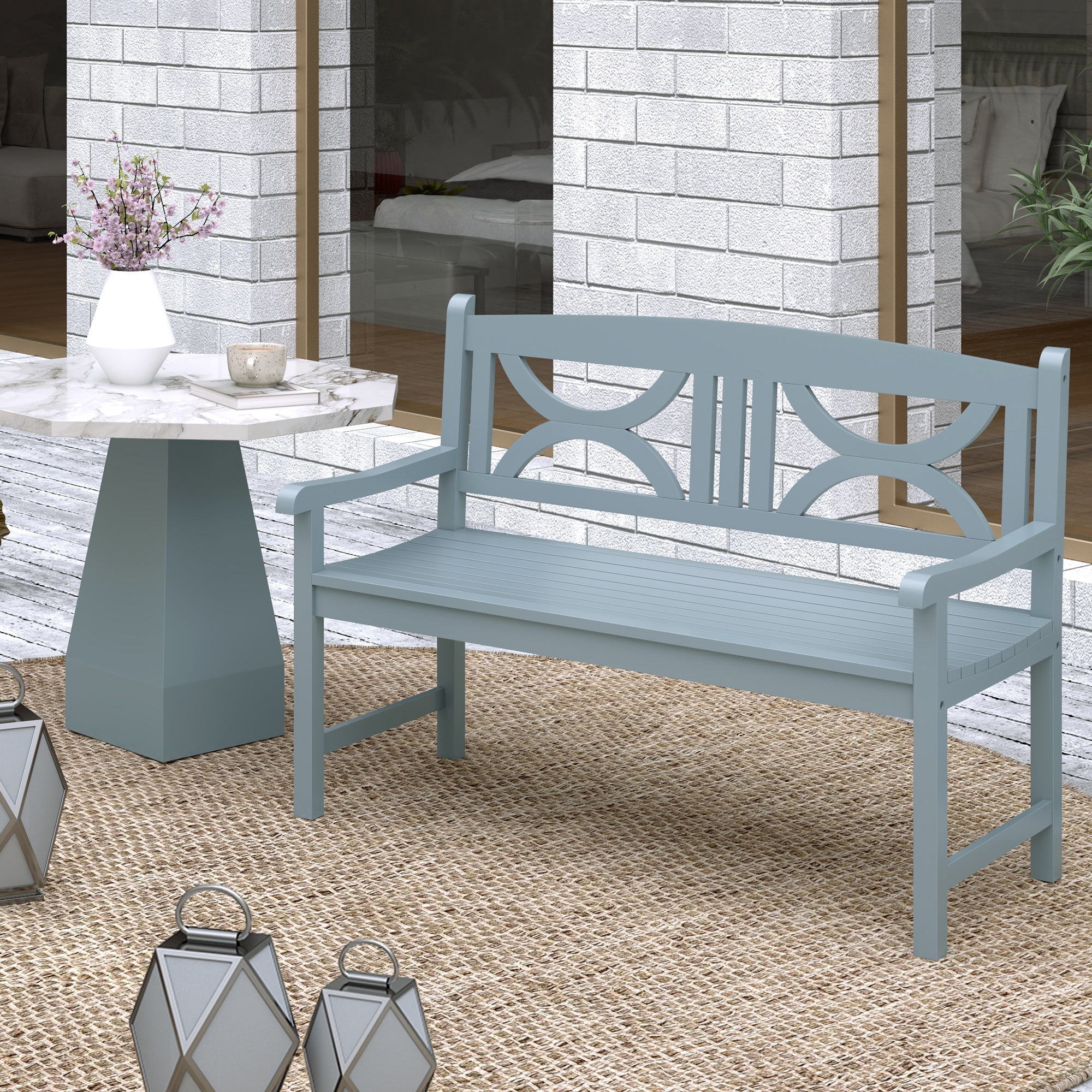 Outsunny 2-seater garden bench with light blue painted poplar wood and decorative geometric backrest for outdoor patio