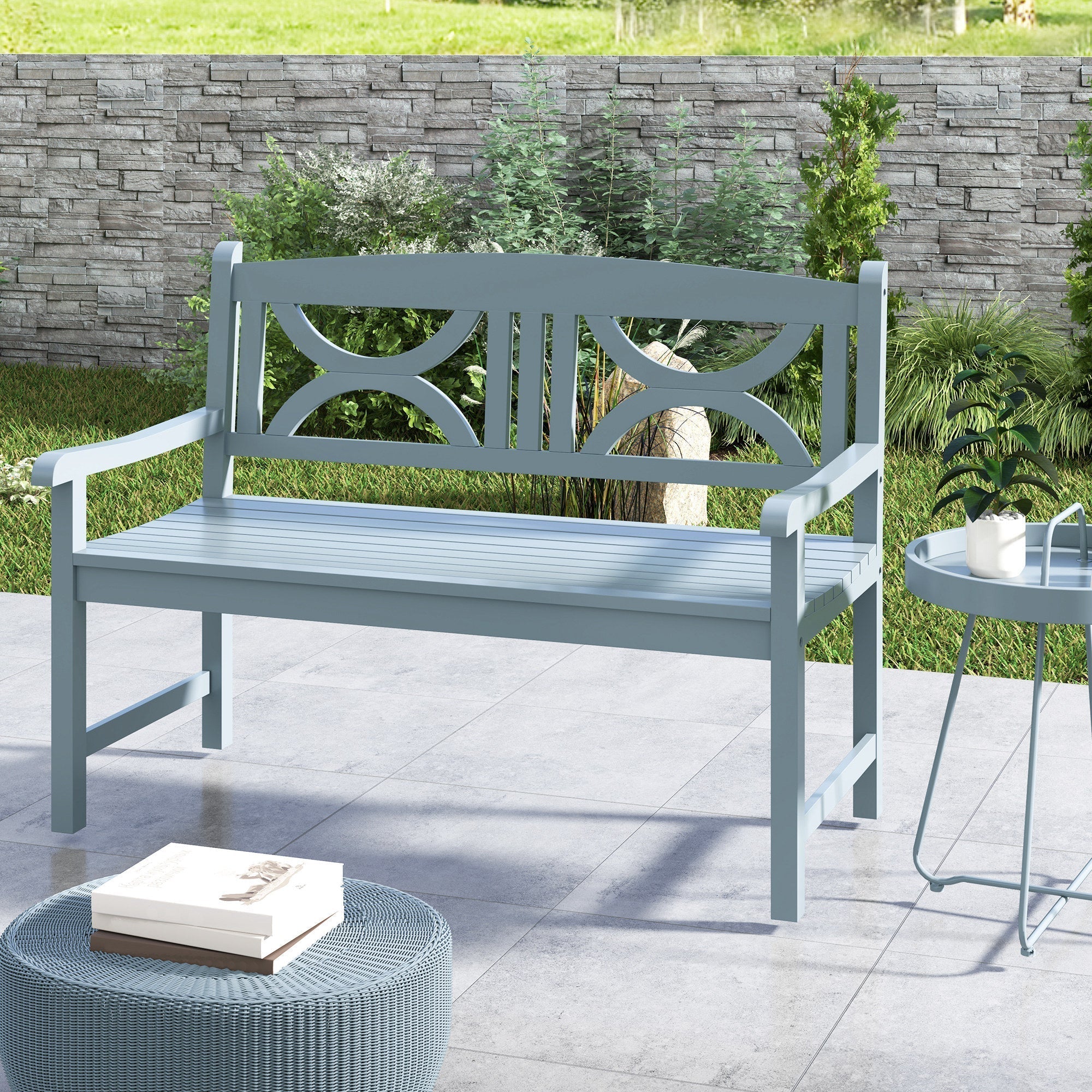 Outsunny 2-seater garden bench with light blue poplar wood slatted seating and decorative geometric backrest for outdoor patio