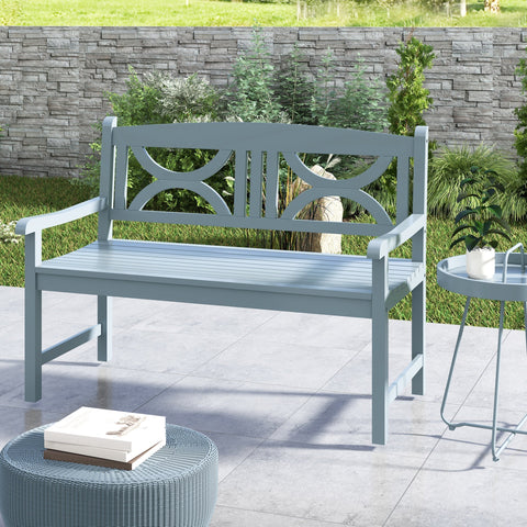 Outsunny 2-seater garden bench with light blue poplar wood slatted seating and decorative geometric backrest for outdoor patio