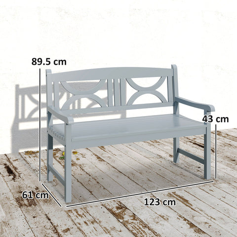 Outsunny 2-seater garden bench in grey poplar wood with curved backrest and decorative circular cutouts for outdoor patio