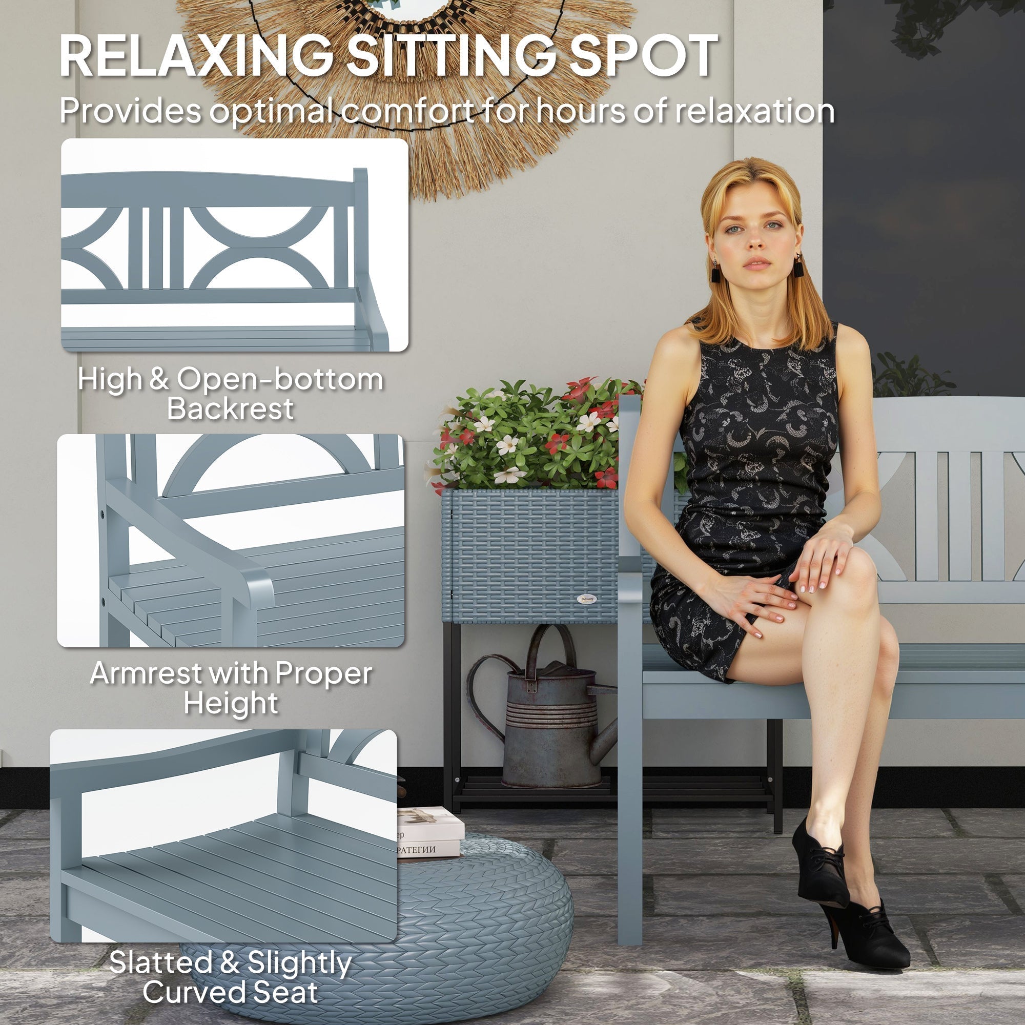 Outsunny 2-seater garden bench in light blue poplar wood with high backrest and armrests for outdoor patio use