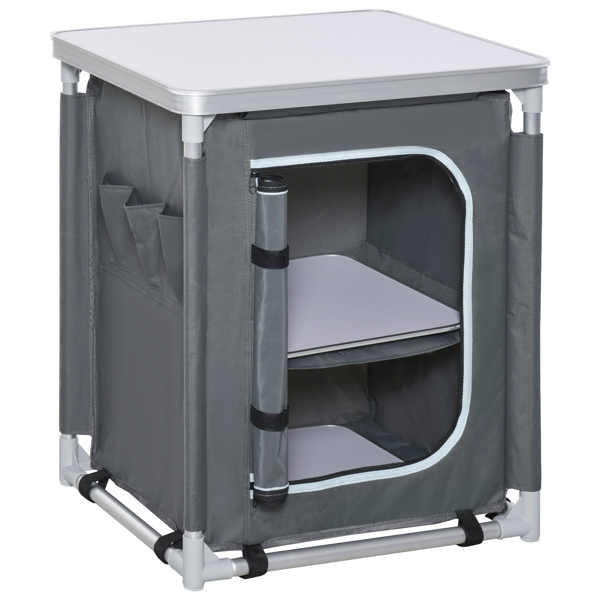 Gray fabric camping cabinet with silver metal frame and two shelves for 52l x 42w camping kitchen storage organizer