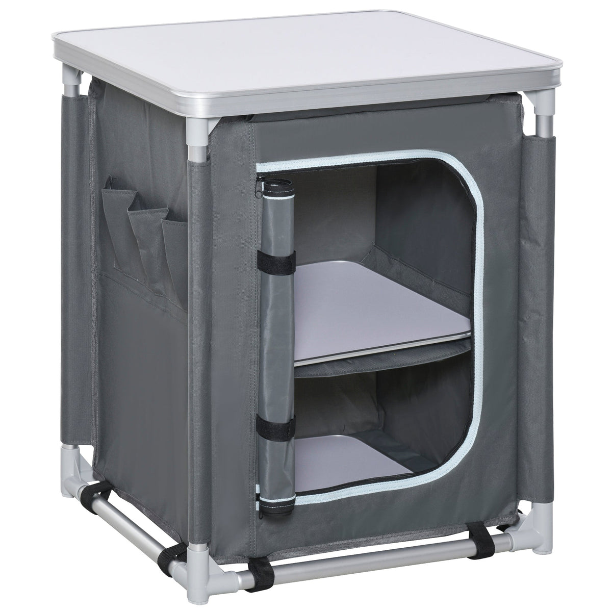 Gray fabric camping cabinet with silver metal frame and two shelves for 52l x 42w camping kitchen storage organizer