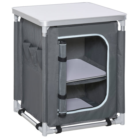 Gray fabric camping cabinet with silver metal frame and two shelves for 52l x 42w camping kitchen storage organizer