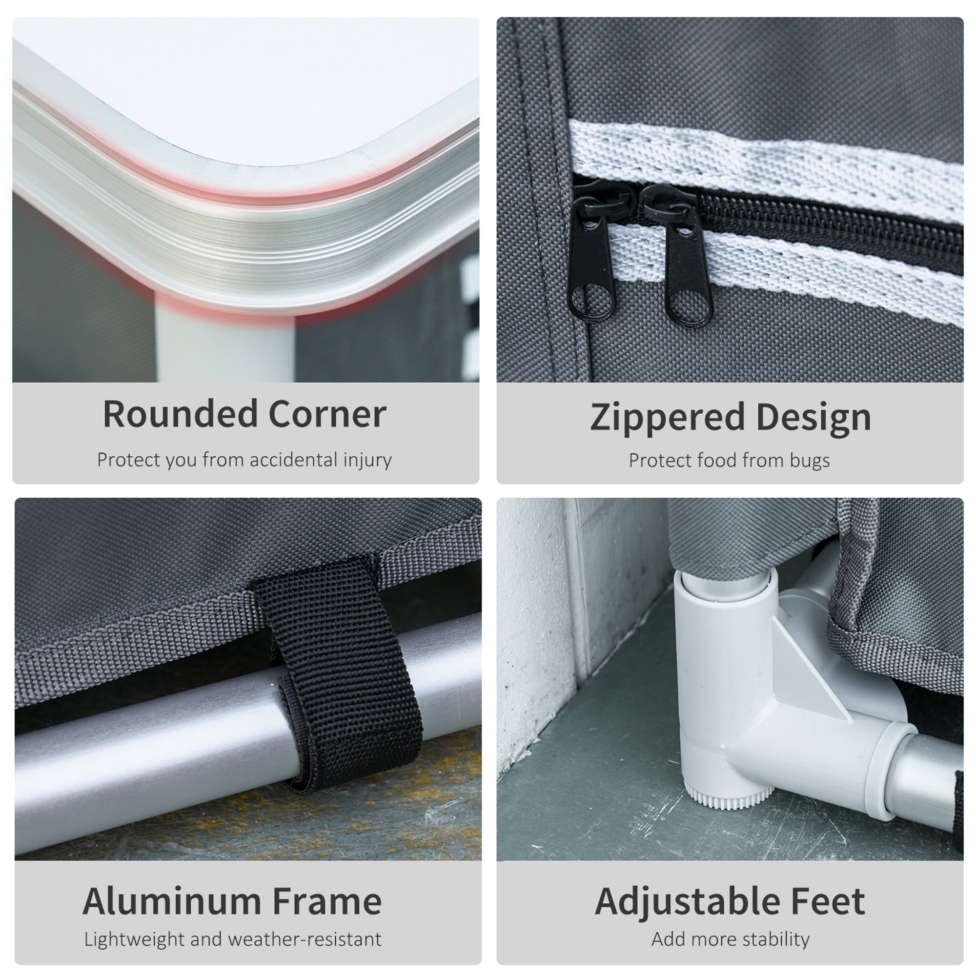 Gray fabric coat food storage container with black zipper and aluminum frame for 52l x 42w camping kitchen use