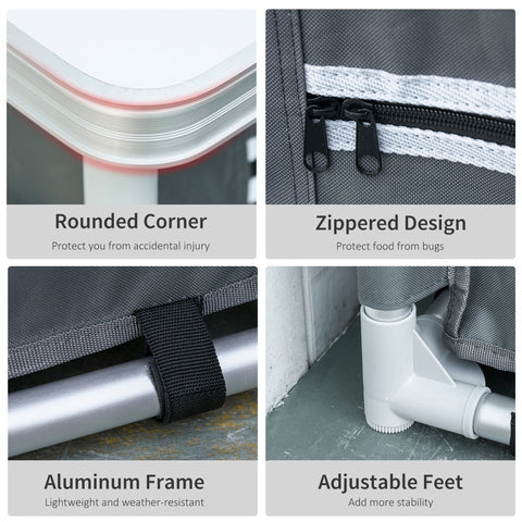 Gray fabric coat food storage container with black zipper and aluminum frame for 52l x 42w camping kitchen use