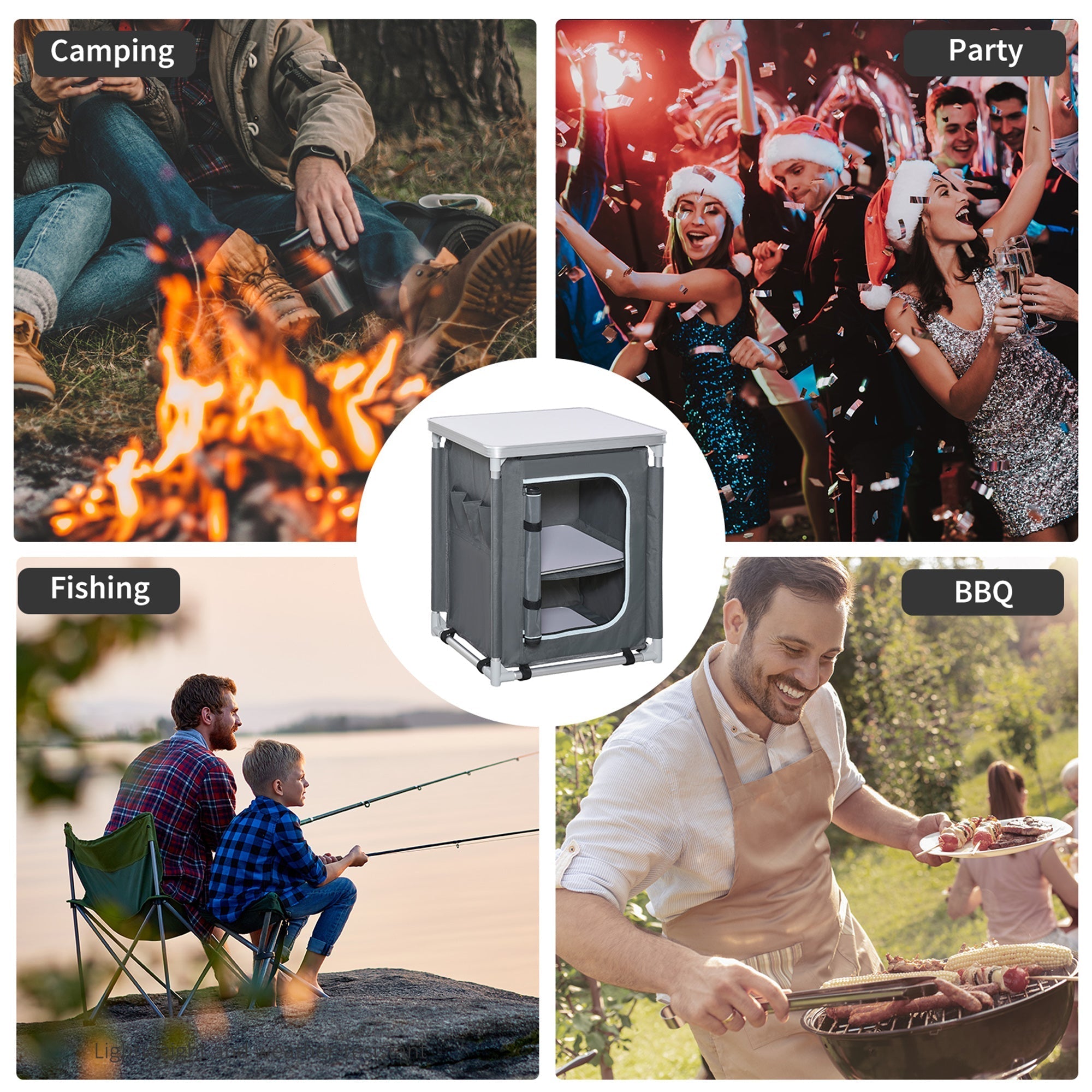 Portable gray fabric coat camping kitchen cupboard with silver aluminum top and black wheels 52l x 42w size