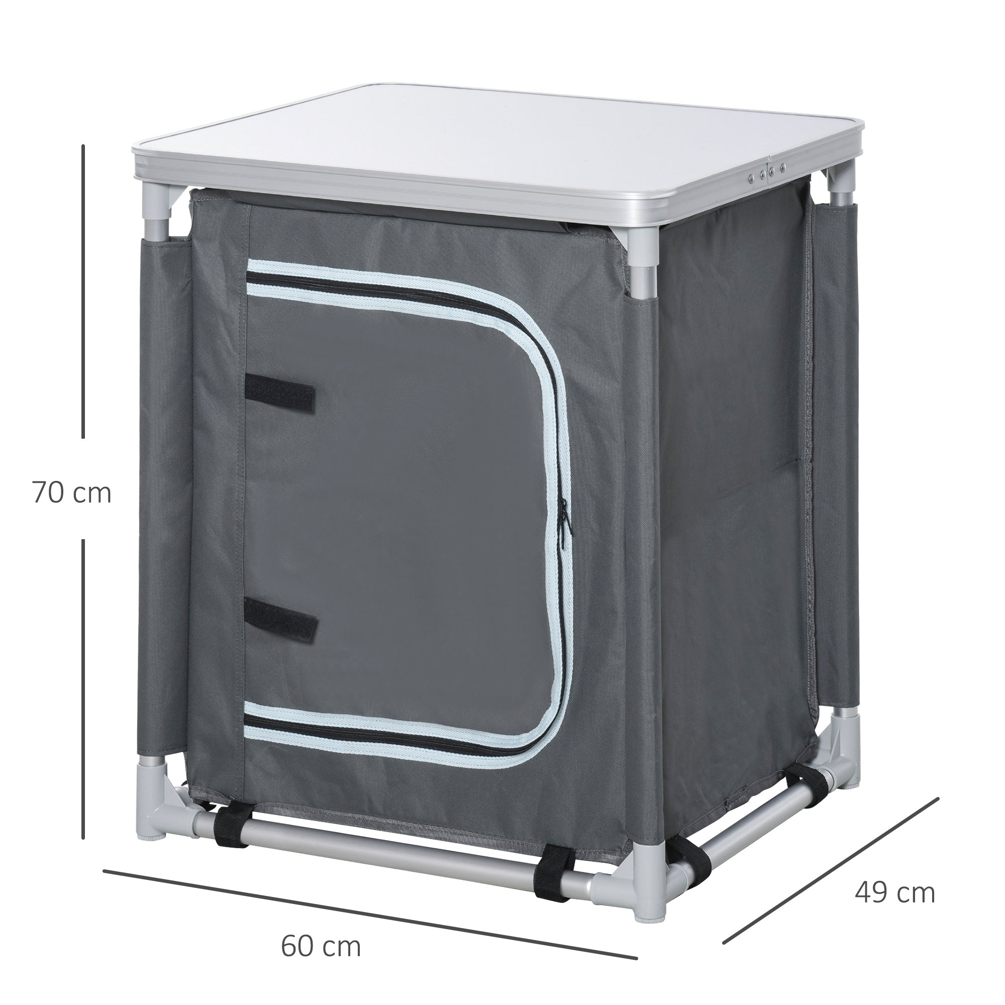 Gray fabric camping kitchen table with silver metal frame and white-trimmed front panel 52l x 42w for outdoor use