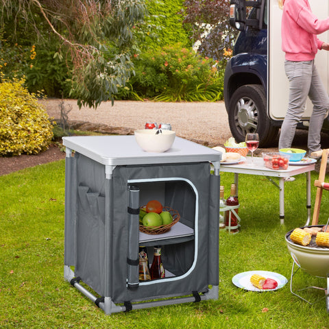 Outsunny gray fabric coat camping kitchen table with silver aluminum frame and storage compartments 52l x 42w
