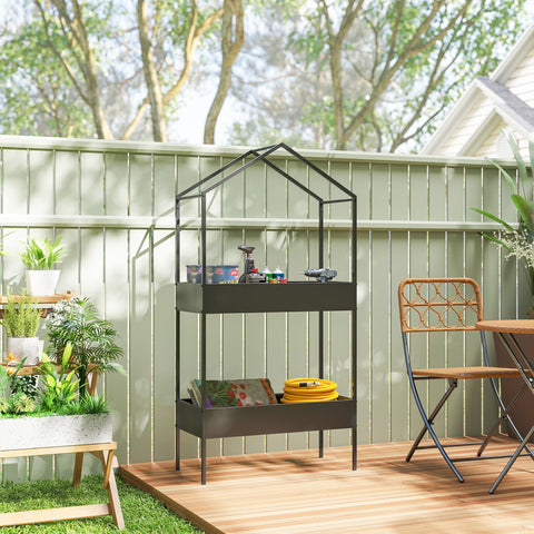 Black metal plant stand with house-shaped top, two shelves, and hook allows grow lights for indoor outdoor use