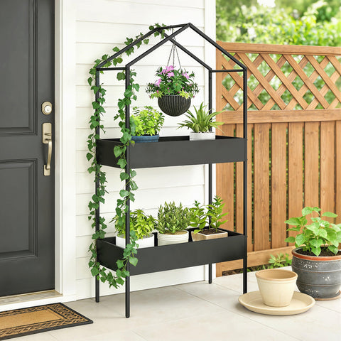 Black metal outsunny plant stand with three shelves, hook allows hanging, green ivy and grow lights ready display rack