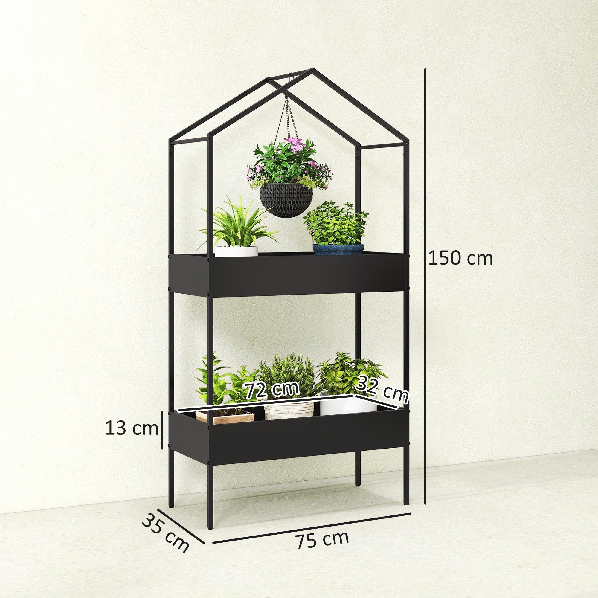 Outsunny black metal 2 tier plant stand with hook allows hanging basket and grow lights for indoor outdoor use