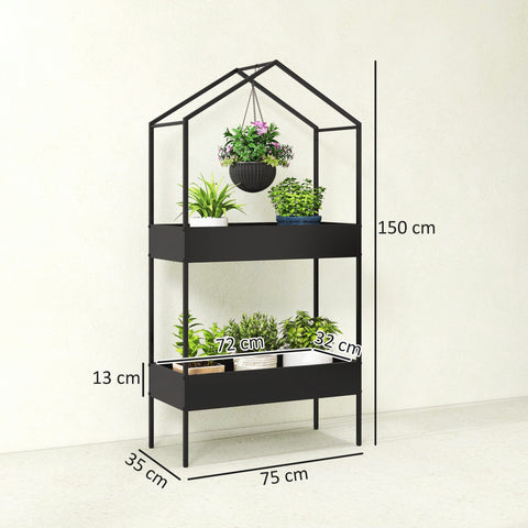 Outsunny black metal 2 tier plant stand with hook allows hanging basket and grow lights for indoor outdoor use