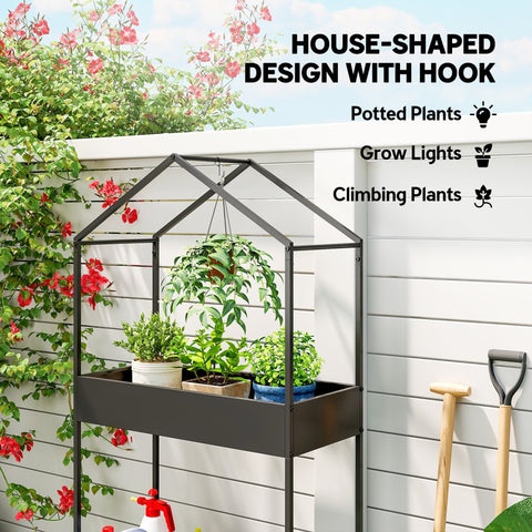 Black metal house-shaped plant stand with hook allows hanging grow lights and two tiers for potted plants display