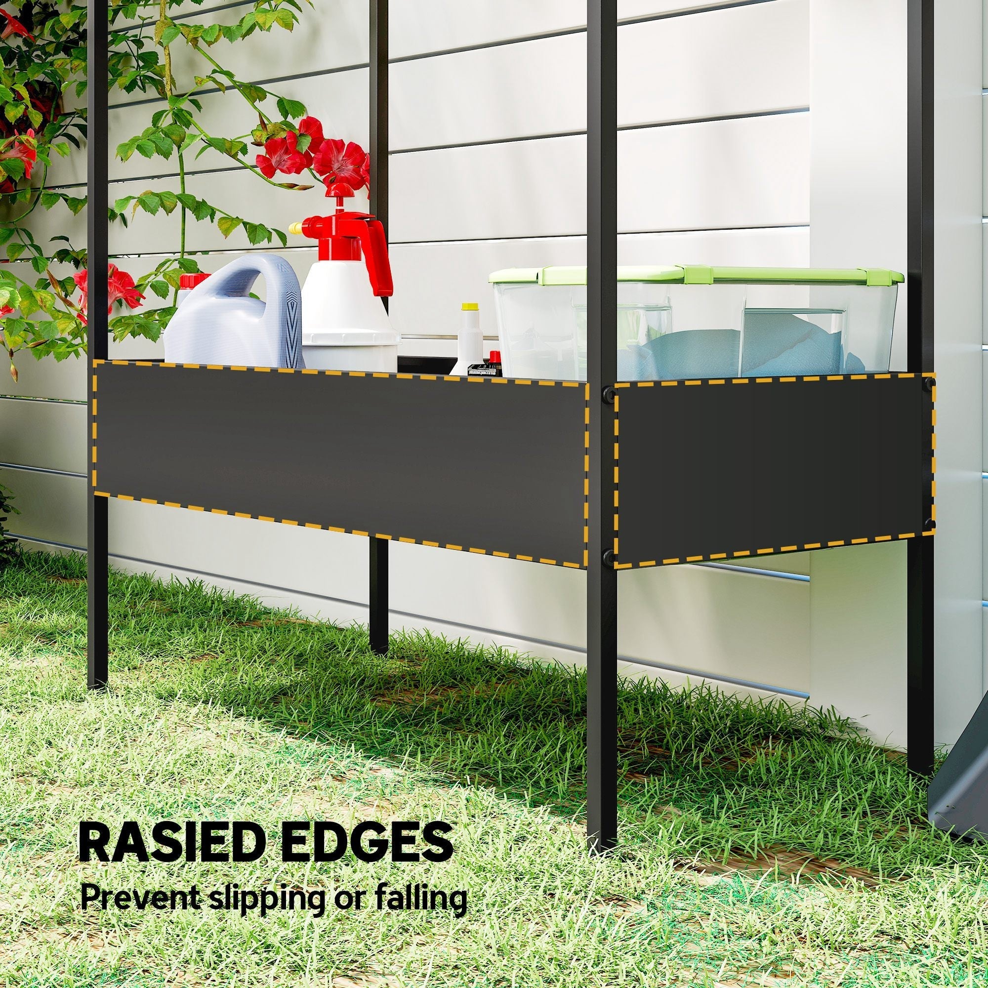 Outsunny black metal 2 tier plant stand with yellow dashed trim and hook allows hanging grow lights or pots display