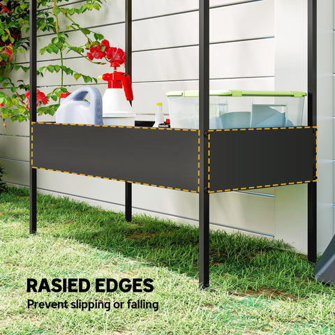 Outsunny black metal 2 tier plant stand with yellow dashed trim and hook allows hanging grow lights or pots display
