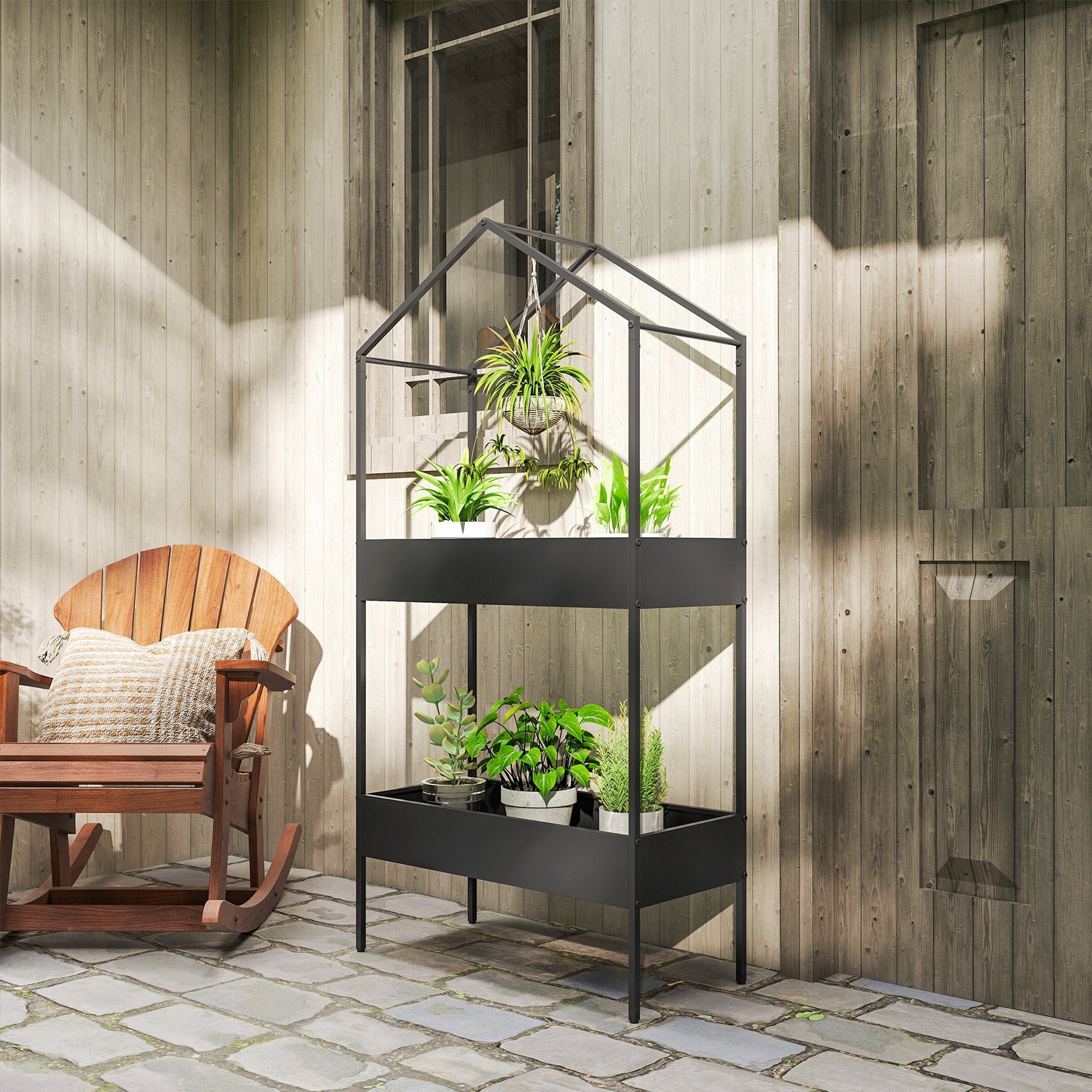 Outsunny black metal plant stand with hook allows hanging grow lights and holds multiple potted green plants