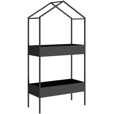 Black metal plant stand with house-shaped frame two shelves and hook allows hanging grow lights or plants