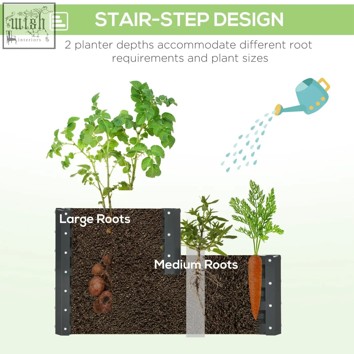 Outsunny dark grey galvanised steel raised garden bed with two-depth black stair-step planter for vegetables herbs and flowers