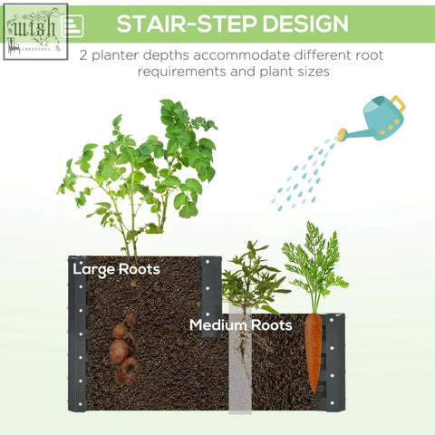 Outsunny dark grey galvanised steel raised garden bed with two-depth black stair-step planter for vegetables herbs and flowers