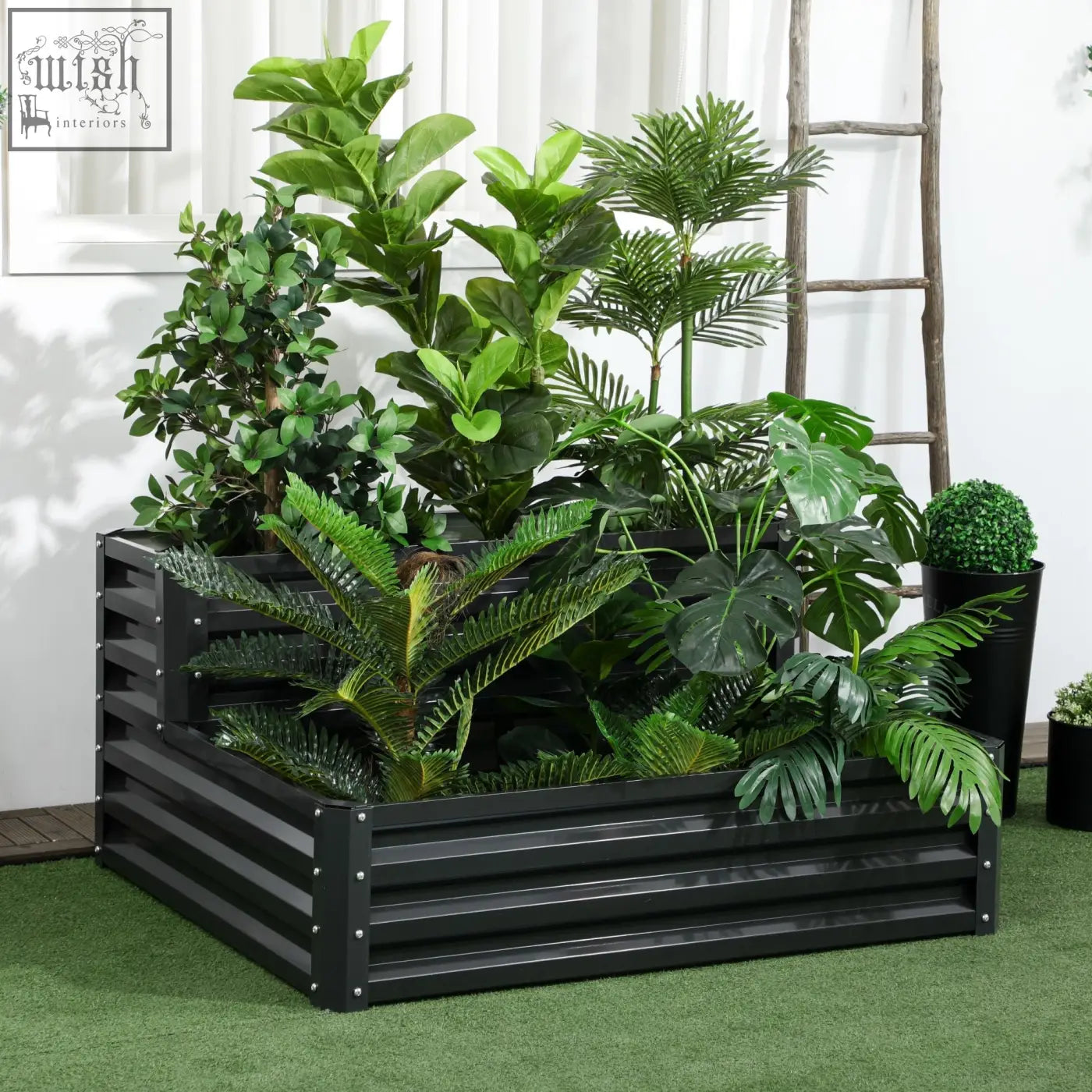 Outsunny dark grey garden bed made of galvanized steel with two tiers filled with lush tropical plants