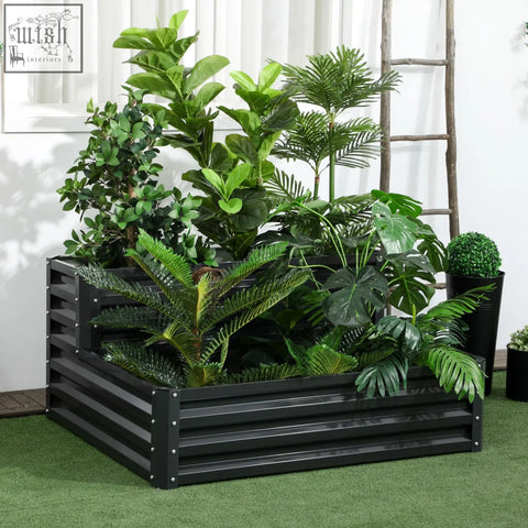 Outsunny dark grey garden bed made of galvanized steel with two tiers filled with lush tropical plants