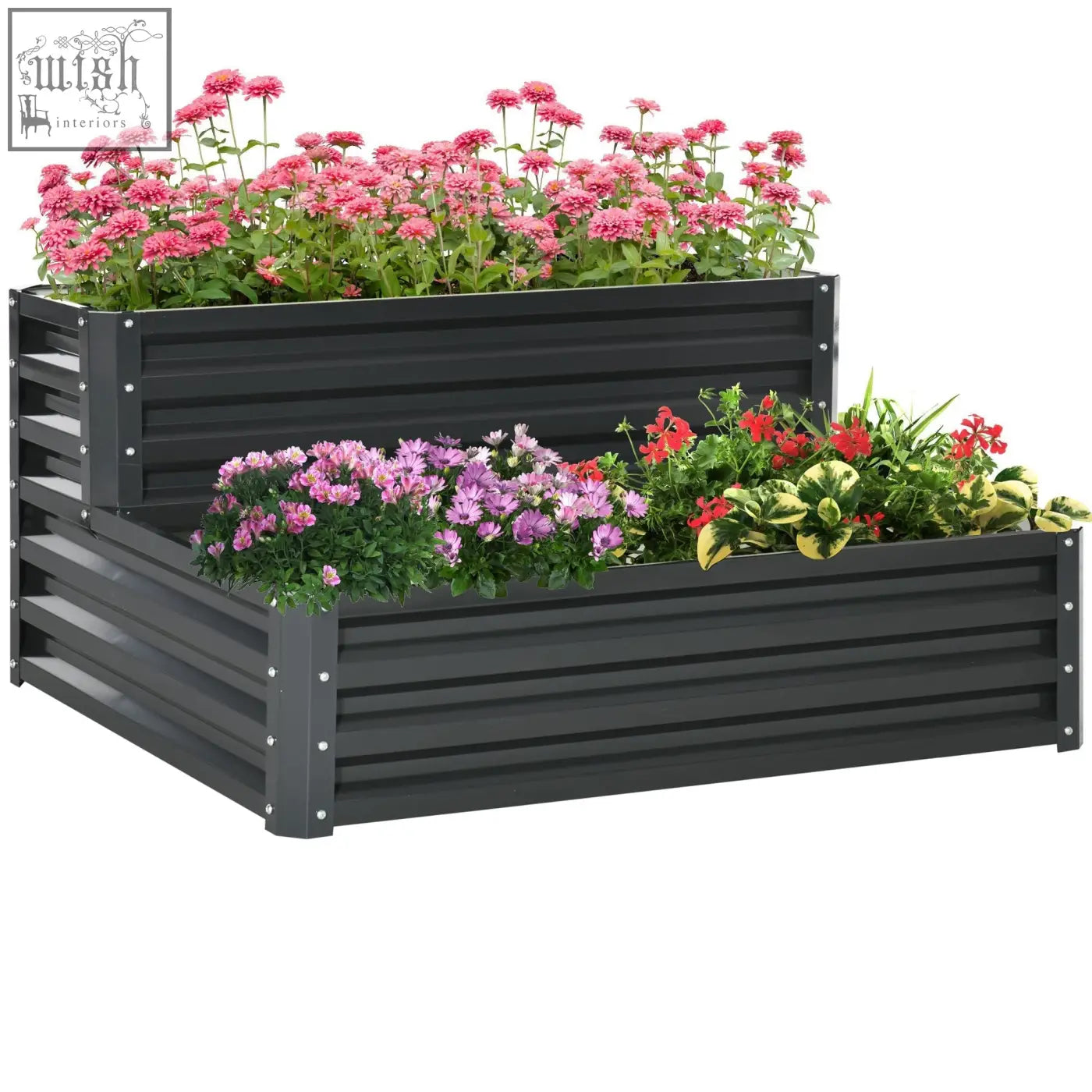 Outsunny 2 tier raised garden bed in dark grey galvanised steel filled with pink and purple flowers garden bed design