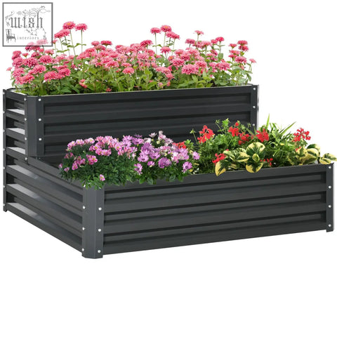 Outsunny 2 tier raised garden bed in dark grey galvanised steel filled with pink and purple flowers garden bed design